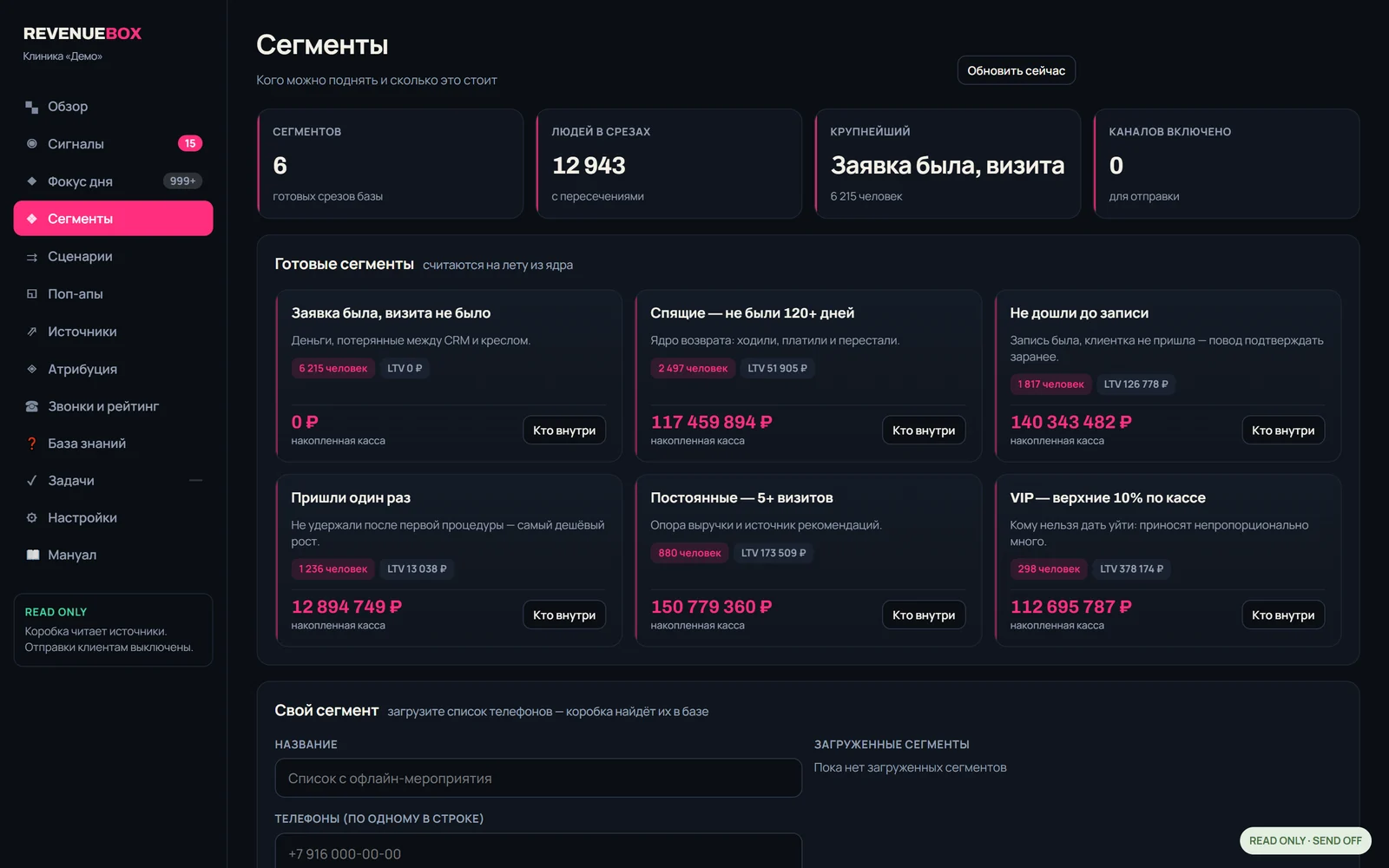 Экран «Сегменты» Revenue Box: срезы базы пациентов и итоги рассылок